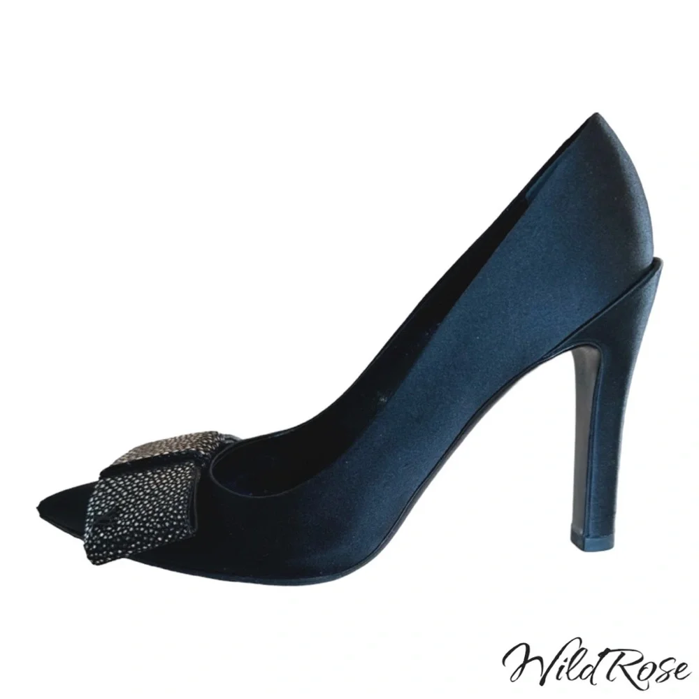 LOUIS VUITTON LIPSTICK PUMPS BLACK SATIN & PEBBLED SILVER LEATHER BOW PUMP 36.5 - Picture 3 of 17